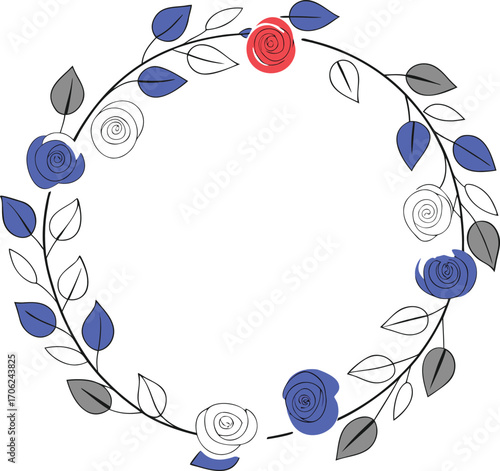Wreath of Roses and Leaves in Red Blue White and Gray on Black Keywords: floral wreath, rose wreath