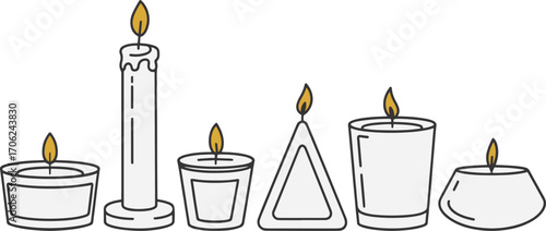 Candles line art vector set illustration. Burning candle flame, light decorative wax pillar, tea light, aromatherapy candle icon 