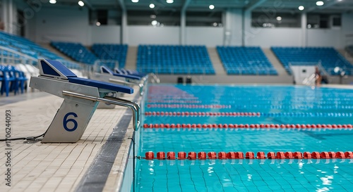 Mockup of empty swimming pool with blue seats and starting blocks, ready for a competition for commercial usage