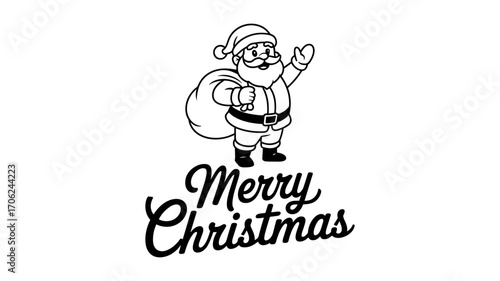 Cheerful Santa Claus with a gift sack and " Merry Christmas"