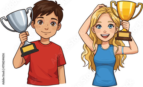 Happy boy and girl holding trophies, celebrating success and achievement, winning awards, competition champions, proud kids with trophies smiling joyfully.