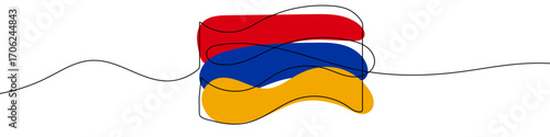 Armenia flag in one line art style. Armenia flag drawing with editable stroke