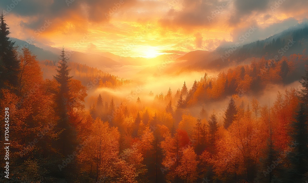 Naklejka premium A breathtaking autumn landscape with a golden sunset over a misty forest