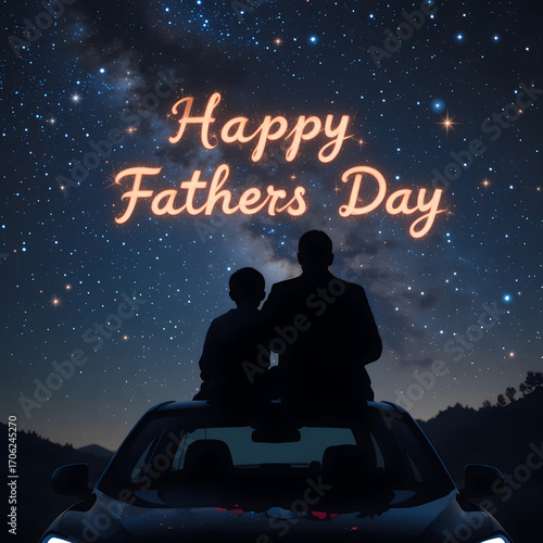 Father and Child Silhouette on Car Roof Under Starry Night Sky  
Cosmic Tribute to Bonding and Wonder with Glowing “Happy Father’s Day” Message  

