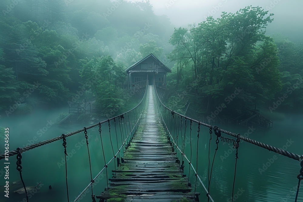 Fototapeta premium Misty suspension bridge leads to secluded cabin in lush forest during early morning hours