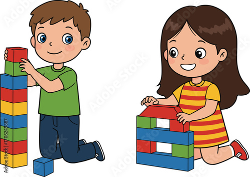 Happy boy and girl playing with colorful building blocks, learning through play, creativity, early childhood development, and educational activity.