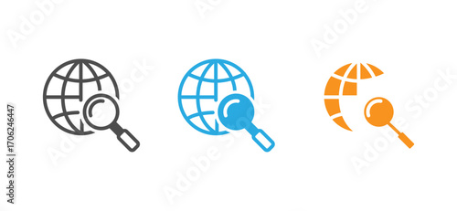 This image shows three vector icons representing a global search.