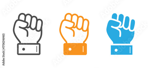 Simple, vector graphic illustration of three clenched fists, in black, orange, and blue.