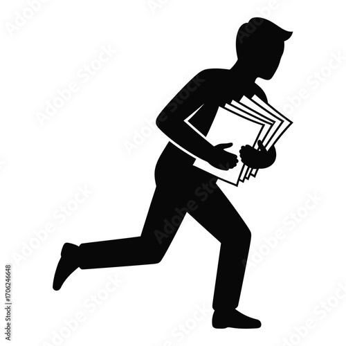 Silhouette of person running with stack of papers documents information silhouette