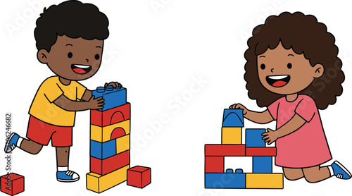 Happy boy and girl playing with colorful toy blocks, learning, building structures, developing creativity and motor skills in early childhood.