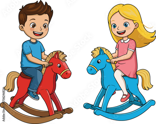 Happy boy and girl riding colorful rocking horses, fun childhood playtime cartoon vector illustration for kids toy and nursery concepts.