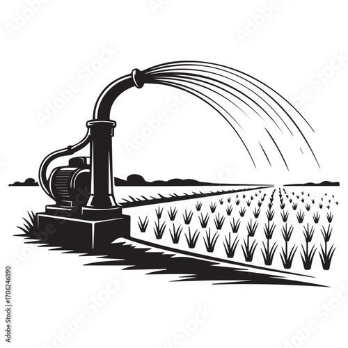 Agricultural irrigation system with a powerful pump spraying water over a field of young crops