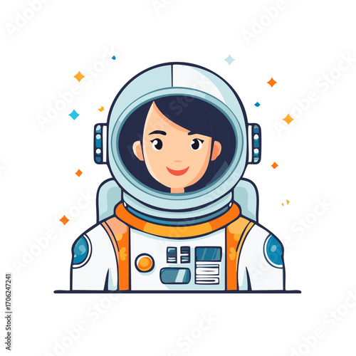 Cheerful female astronaut in a futuristic spacesuit with helmet, smiling amidst sparkling abstract stars