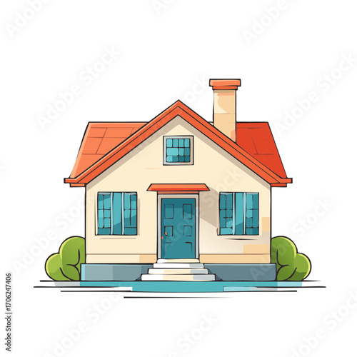 Charming suburban house illustration with red roof and blue door surrounded by green bushes