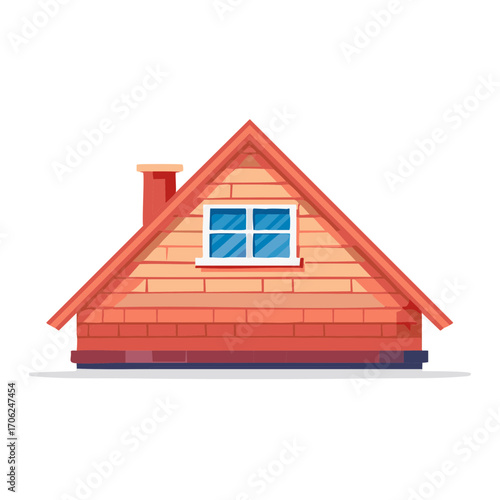 Cozy attic gable roof house with a single window and brick chimney stylized illustration