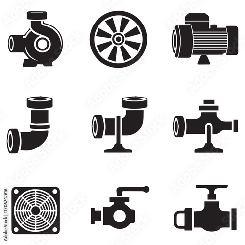 Collection of black and white icons representing various industrial pumps valves fans and mechanical components for engineering and manufacturing