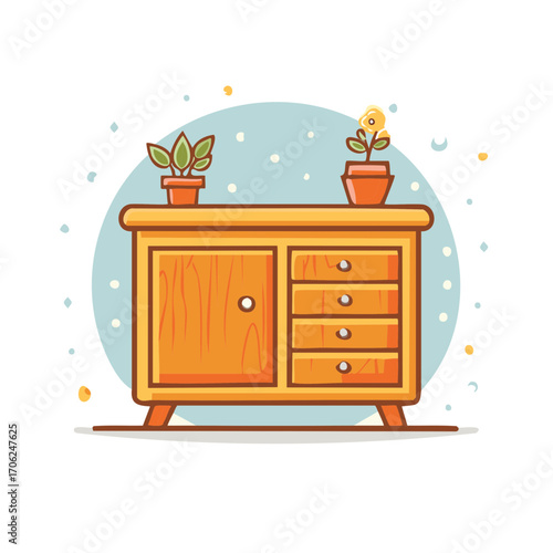 Vibrant orange wooden dresser with potted plants and decorative dots