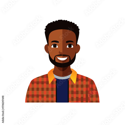 Smiling Black Man with Beard in Flannel Shirt - Vector Illustration