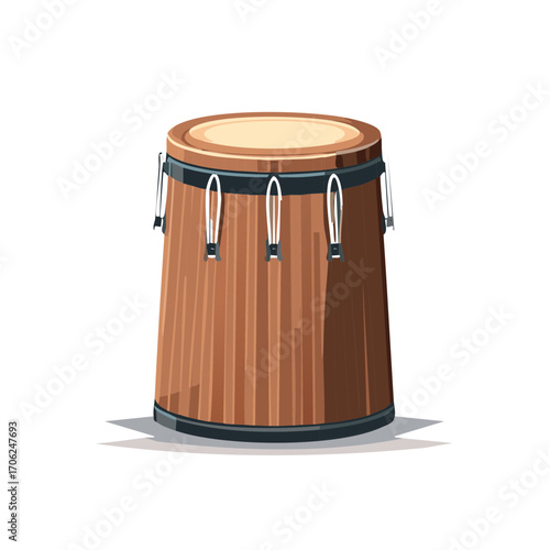 Wooden conga drum with metal hardware and taut head