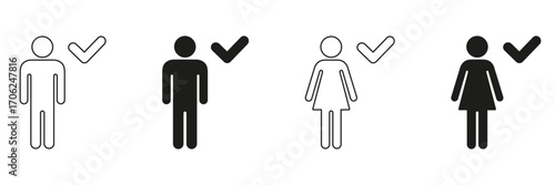 Male And Female Approval Icon Set. Gender Representation And Selection Confirmation Symbol Collection. User Acceptance And Verification. Isolated Vector Illustration