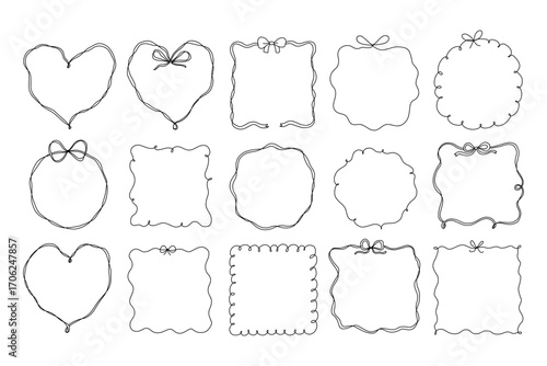 Whimsical wedding frame set with hand drawn black outline borders in heart, square, and round shapes. Decorative bows, scalloped edges, playful doodle style perfect for invitations or greeting cards