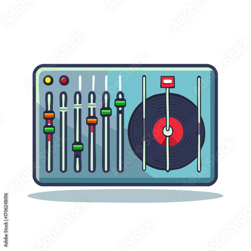Stylized illustration of a modern DJ mixer with a spinning vinyl record and colorful faders for music production and entertainment