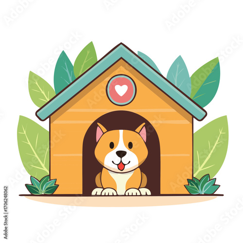 Adorable cartoon dog happily peeking out of its doghouse with a heart emblem and plants