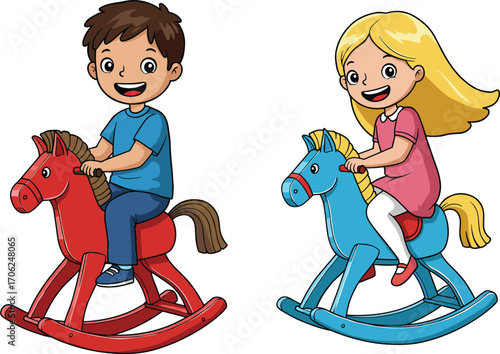 Happy boy and girl riding colorful rocking horses, playful childhood moment, fun kids activity, vector illustration for stock content.