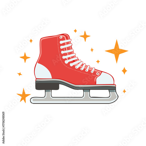 Vibrant Red Ice Skate Illustration with Sparkling Stars for Winter Sports and Holiday Themes