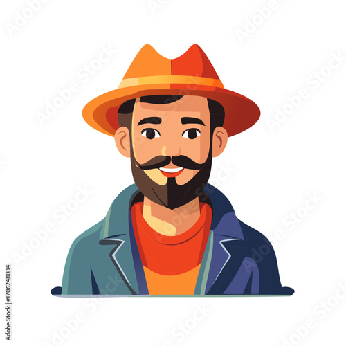 Smiling confident man with a neat beard and classic fedora hat vector portrait