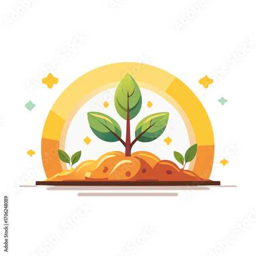 Fresh green plant emerging from fertile soil with new sprouts, symbolizing growth and environment