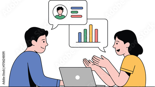 Business meeting people discussing charts and resumes on laptop digital communication illustration