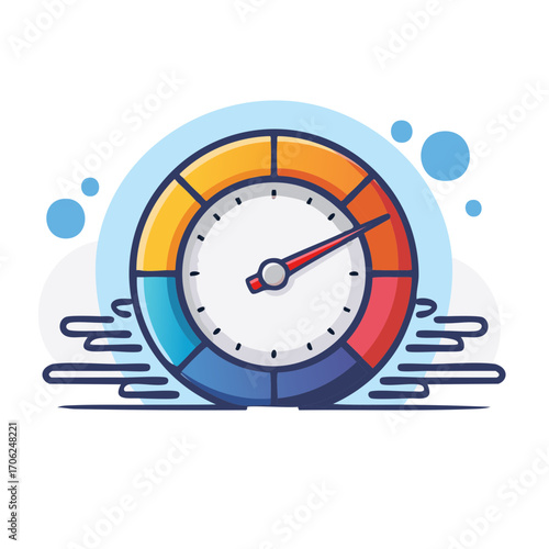 Speedometer gauge with colorful segments and a dynamic needle indicating performance and velocity