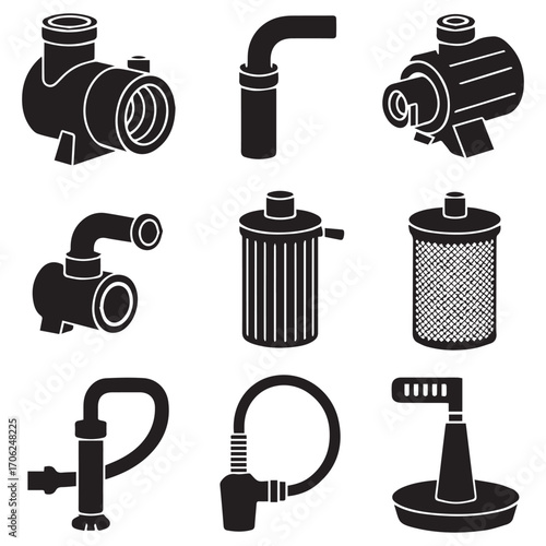 Collection of black and white silhouette icons representing various plumbing and water pump components for industrial or domestic use