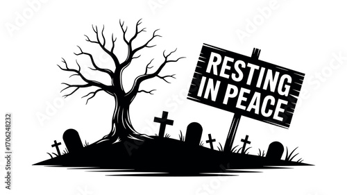 Spooky graveyard scene with a bare tree and " Resting in Peace" sign cemetery tombstone