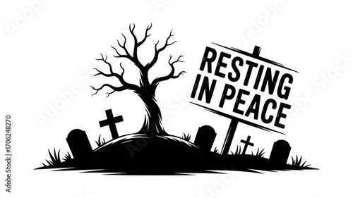 Spooky graveyard scene with a bare tree and " Resting in Peace" sign cemetery tombstone