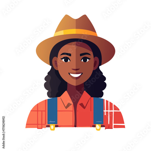 A friendly African American woman farmer smiling in a hat and overalls vector illustration