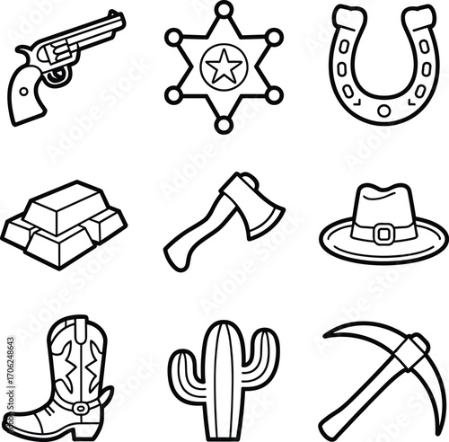 Wild West Icons: Sheriff Badge, Gun, Horseshoe, Gold, Axe, Hat, Boot, Cactus