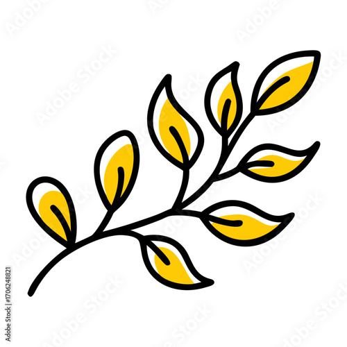 Minimalist illustration of a branch with yellow leaves and black outline