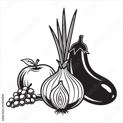 Fresh produce still life featuring apple grapes onion and eggplant for healthy eating