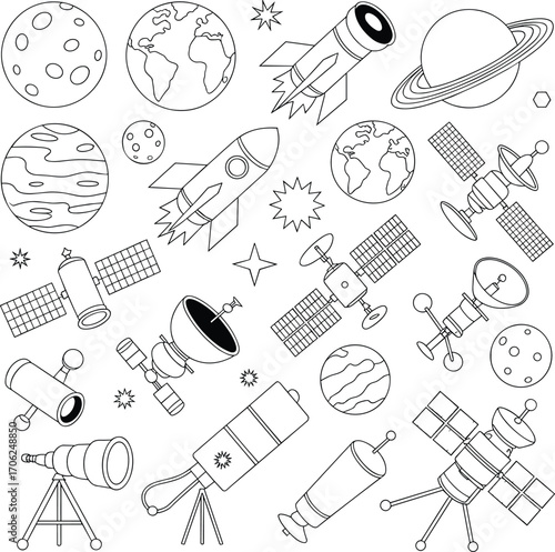 Space Exploration Black and White Outline Illustration with Satellites Rockets Planets Telescopes