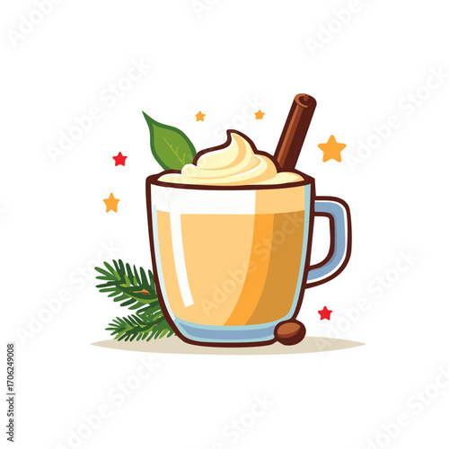 Illustration of a warm eggnog drink with cinnamon stick and star decorations