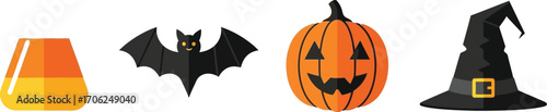 Halloween icons featuring candy corn bat pumpkin and witch hat on white background