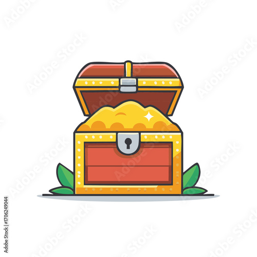 Open Treasure Chest Illustration Filled with Golden Nuggets and Surrounded by Foliage