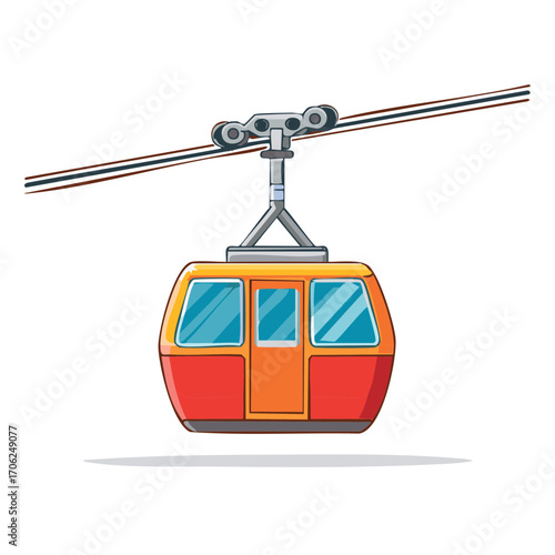 Illustration of isolated orange and red gondola cabin suspended on cable wires in the mountains