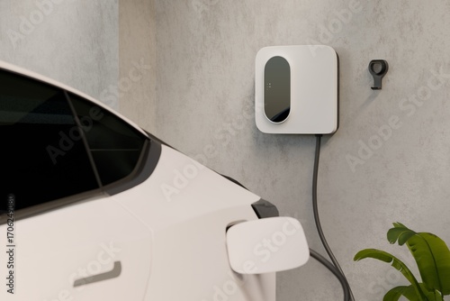 Electric car charging at a home wallbox; green status light at the port. Concrete wall, tidy cable and plant accent. Realistic 3D render for EV installation guides, ownership tips and clean-energy sto