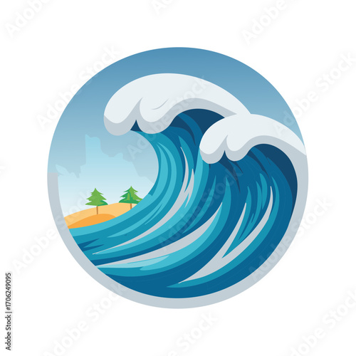 A stylized illustration of a powerful blue ocean wave crashing near a sandy beach with green trees under a light sky