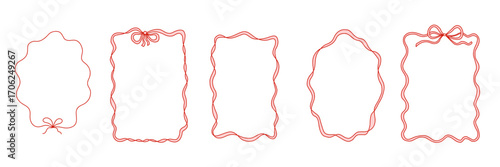 Collection of hand drawn ribbon bow frames in coquette style. Cute decorative borders for Christmas cards, invitations, planners, scrapbooking, packaging design, digital projects, and social media