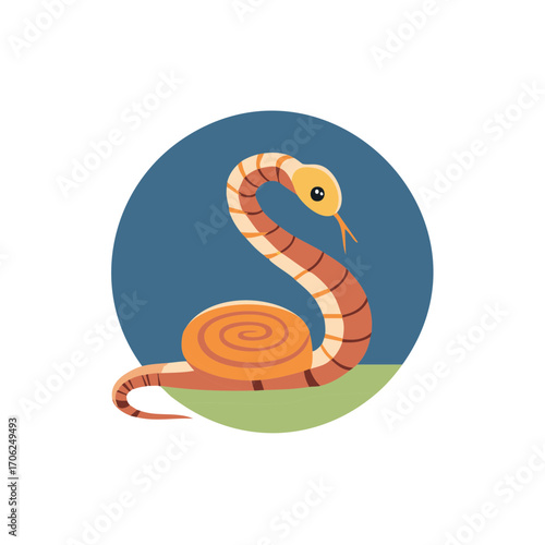 Adorable orange striped cartoon snake illustration with coiled body and yellow head on blue circle