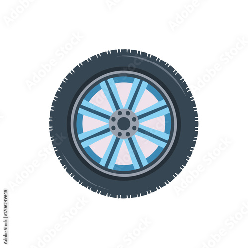 Modern stylized car wheel with blue alloy rim and black tire vector illustration
